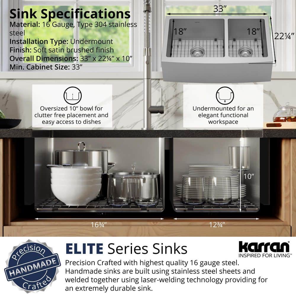 33'' Stainless Steel Farmhouse Double Bowl Kitchen Sink
