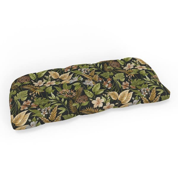 Pillow Perfect Tropic Floral 44 in W x 5 in H Rectangular Outdoor Tufted Wicker Loveseat Bench Cushion 1-Count in Black Carena Ebony