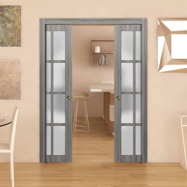 56 in. x 96 in. 1 Panel Gray Finished Wood Sliding Door with Double Pocket Hardware