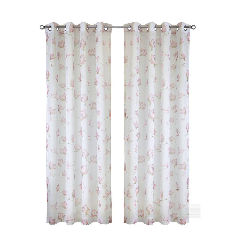 Magnolia White and Pink Sheer Linen-Like Grommet Curtain Panel