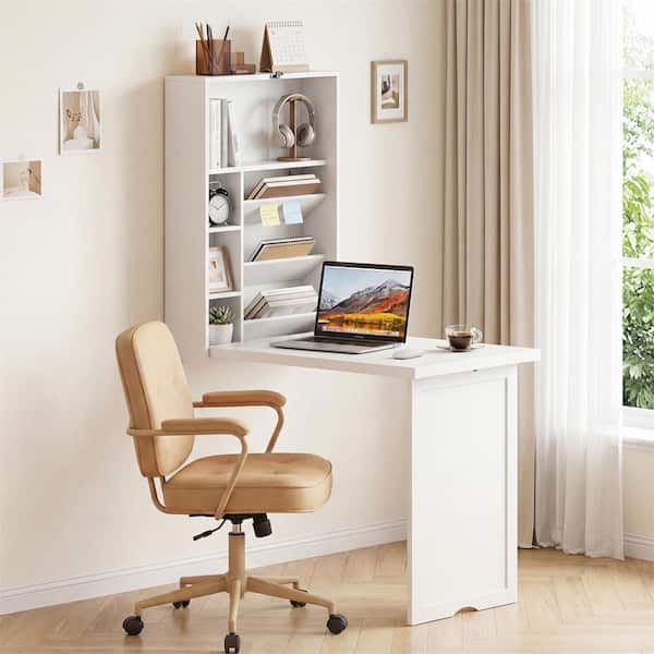 37.5 in. Rectangular White Floating Desks with Solid Wood Design