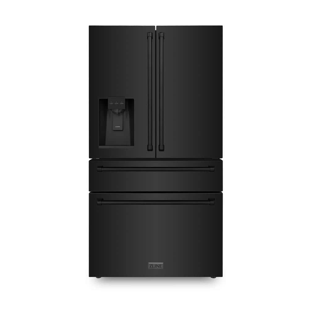 ZLINE Kitchen and Bath 36 in. 4-Door French Door Refrigerator with Ice and Water Dispenser in Black Stainless Steel
