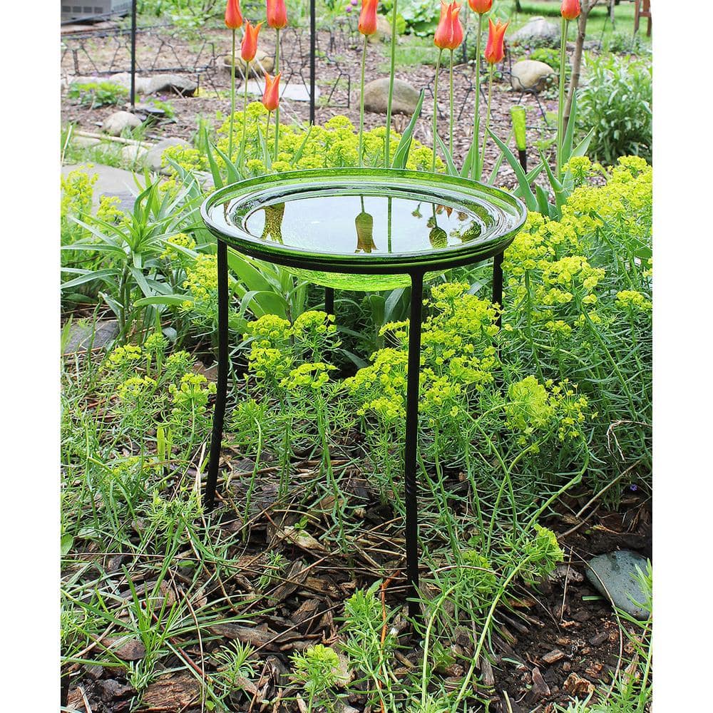 Fern Green Crackle Glass Hanging Birdbath Bowl