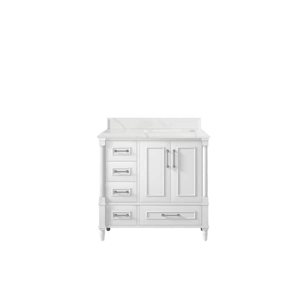 Willow Collections Hudson 36 in. W x 22 in. D x 36 in. H Right Offset Sink Bath Vanity in White with Cove Edge Calacatta Quartz Top