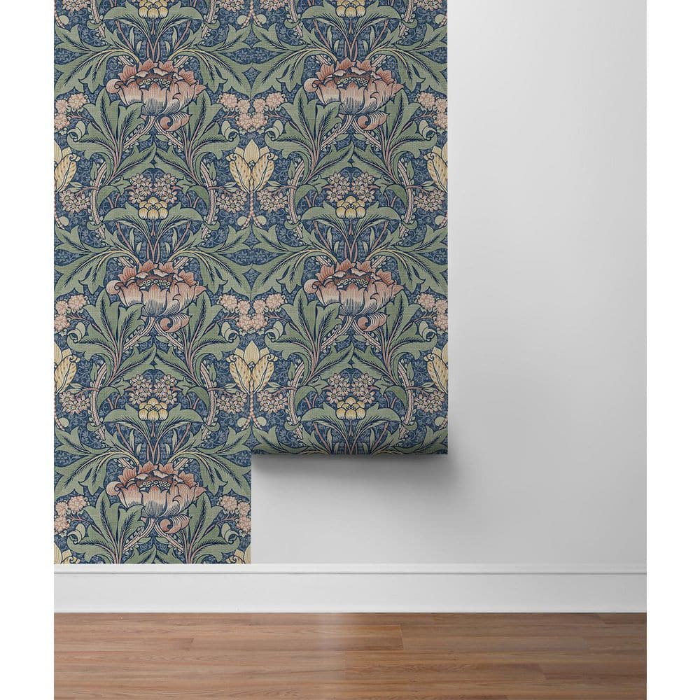 Denim Blue and Salmon Floral Vinyl-Coated Wallpaper