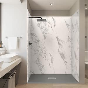 60 in. L x 36 in. W x 84 in. H Alcove Solid Composite Stone Shower Kit w/Carrara Walls and Cntr Graphite Sand Shower Pan