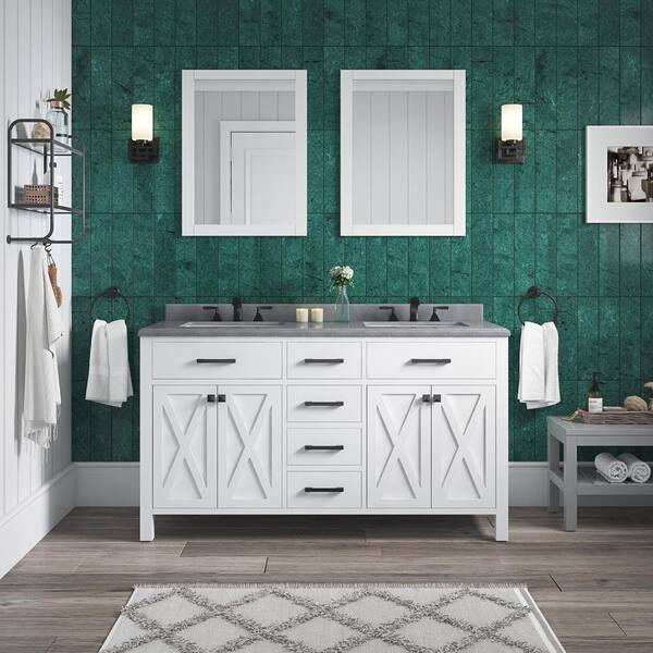 Home Decorators Collection Ainsley 60 in. W x 22 in. D x 34 in. H Double Sink Bath Vanity in White with Gray Engineered Stone Top