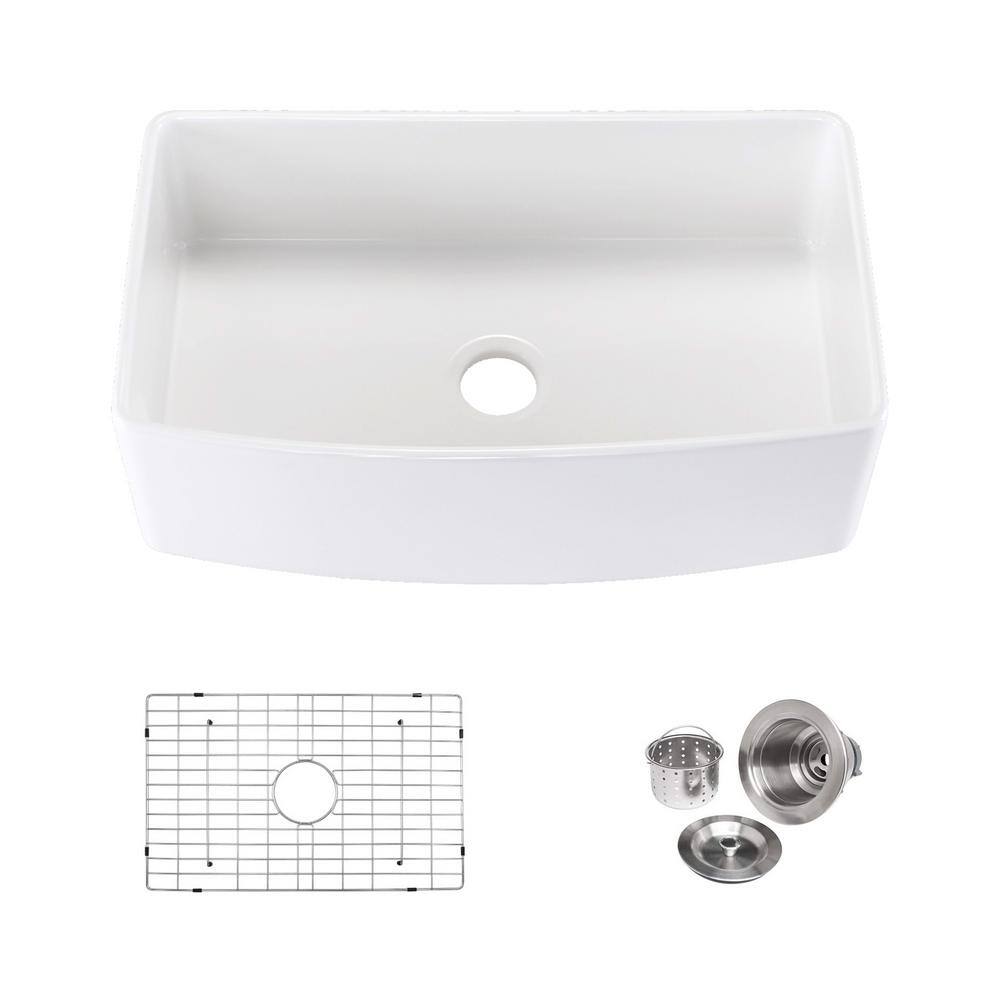 30 in. Farmhouse Single Bowl Arch Edge Apron Front White Fireclay Kitchen S