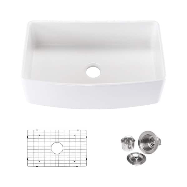 Unbranded 30 in. Farmhouse Single Bowl Arch Edge Apron Front White Fireclay Kitchen Sink Porcelain Glaze, Bottom Grid and Strainer