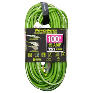 100 ft. 12/3 AWG Rubber Jacket 15 Amp Heavy-Duty Indoor/Outdoor Locking Extension Cord, Green