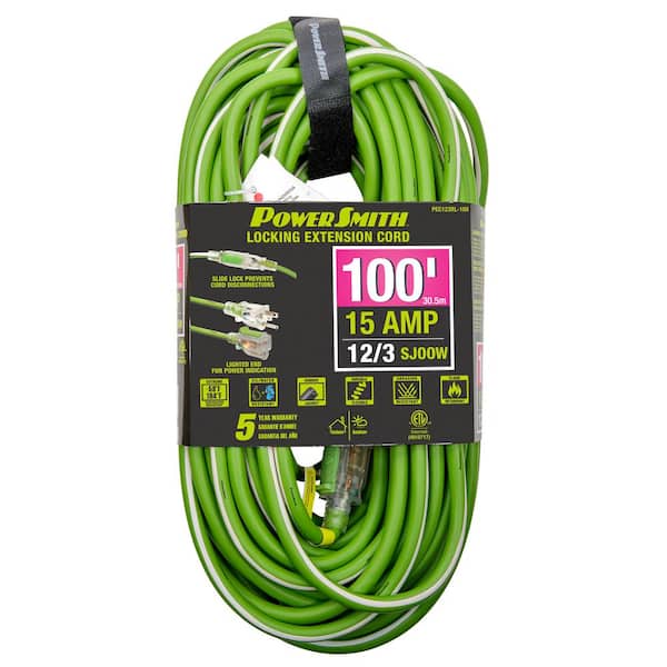 PowerSmith 100 ft. 12/3 AWG Rubber Jacket 15 Amp Heavy-Duty Indoor/Outdoor Locking Extension Cord, Green