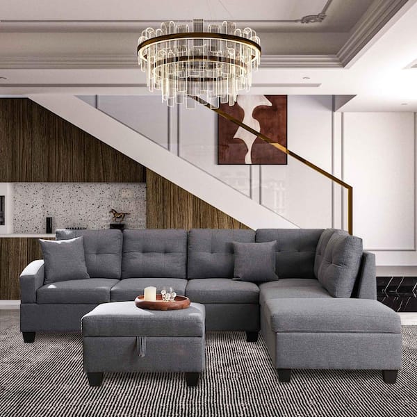 Seafuloy 108.5 in W 3-piece L Shaped Linen Sectional Sofa in Gray w/Ottoman and Cup Holders
