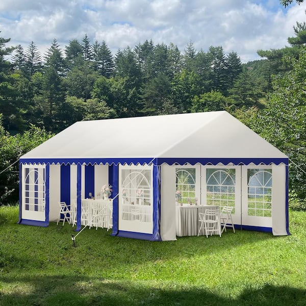 PHI VILLA 12 ft. x 26 ft. Large Outdoor Canopy Wedding Party Tent in White with Blue Stripes Removable Side Walls