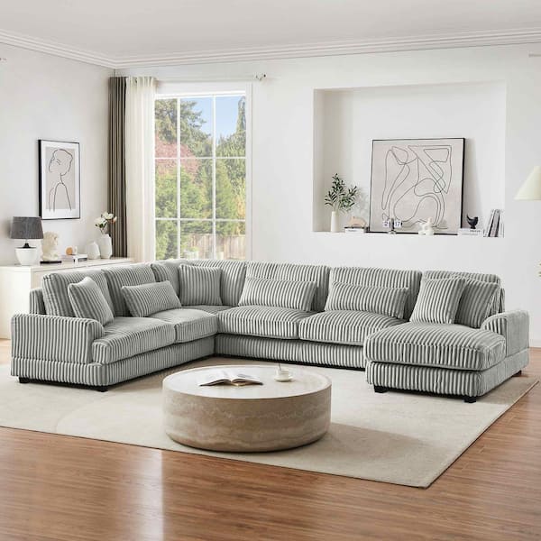 129.1 in. Square Arm Corduroy Sectional Sofa with a Chaise Lounge in. Gray