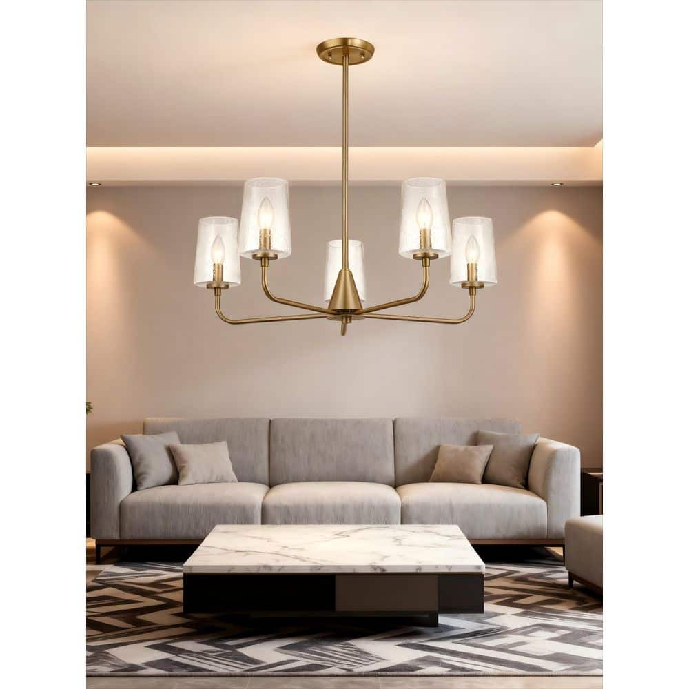 Modern 5-Light Satin Brass Chandelier with Clear Ribbed Glass, Gold price history on PriceWatchPro
