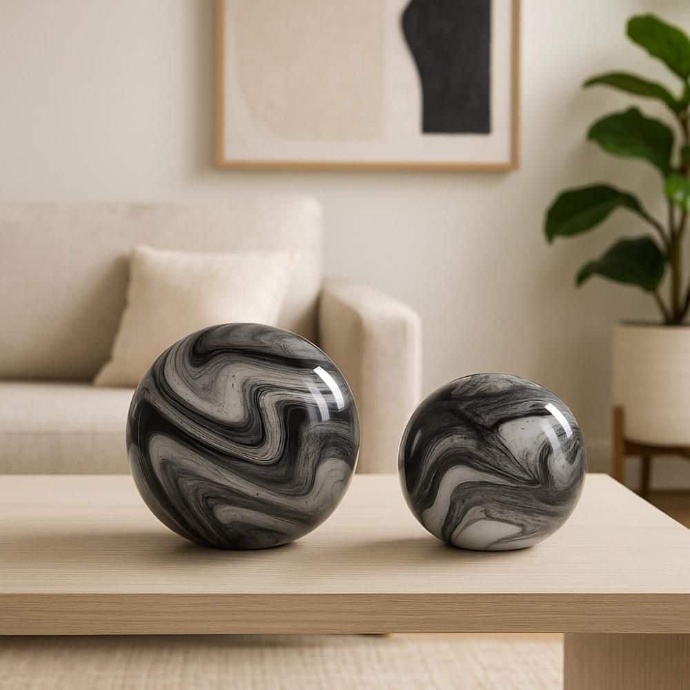 5 in./ 6 in. Gray Round Glass Orbs (Set of 2)