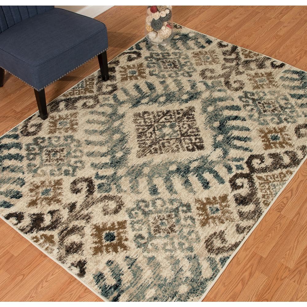 Blue and Taupe Synthetic Rectangular Area Rug, 5' x 8'