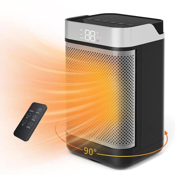1500-Watt 9.5 in. Compact Ceramic Convection Electric Space Heater w/Remote 90°Osc, 3-Heat Levels, Timer in Black