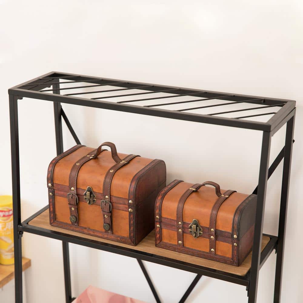 Vintage Brown Leather Storage Trunk Set with Brass Accents