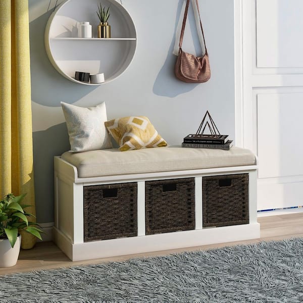 Orson 17 in. H x 43.7 in. W White Wood Shoe Storage Bench with Cushion and Removable Baskets