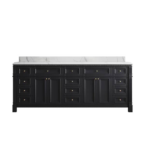Willow Collections Paris 84 in. W x 22 in. D x 36 in. H Double Sink Bath Vanity in Black with 1.5 in. Calacatta Laza qt. Top