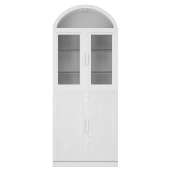 Arched 76 in. Tall White Kitchen Pantry Cabinet with Glass Doors and Adjustable Shelves