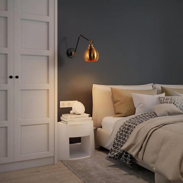 Plug-In/Hardwire Swing Arm Wall Light, 1-Light Modern Polished Brass Wall Sconce, Industrial Black Wall Sconce Lighting