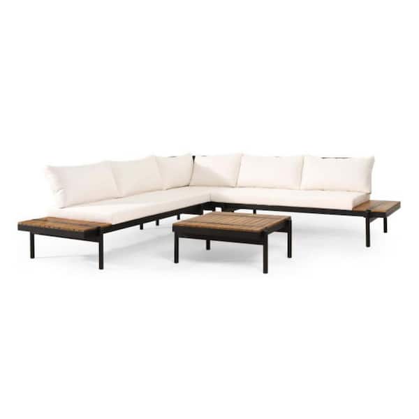 Cream 5-Piece Wood Outdoor Couch Set with Beige Cushions, Coffee Table, Corner Seat