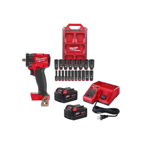 M18 FUEL 18V Lith-Ion Cordless 3/8 in Compact Impact Wrench w/Friction Ring, (2) Battery, Charger & Socket Set (19 PC)