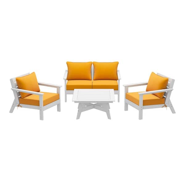 WESTIN OUTDOOR Birchwood White Arrangeable 5-Piece Outdoor Patio HDPE Deep Seating Conversation Lounge Set w/ Yellow Cushions