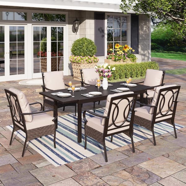 PHI VILLA 7-Piece Metal Patio Outdoor Dining Set with Black Geometric Extendable Table and Chairs with Beige Cushions