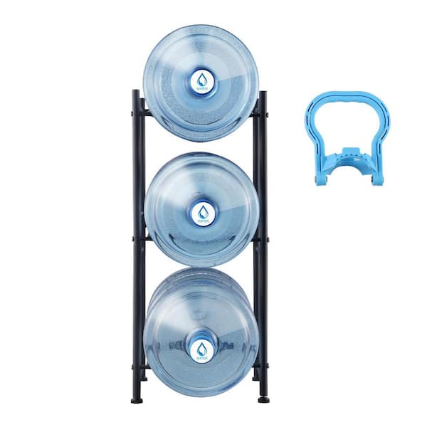 3-Tiers Water Jug Holder, 5-Gallon Water Bottle Holder, Single Row Water Bottle Rack for 3-Bottles, Heavy Duty, Black