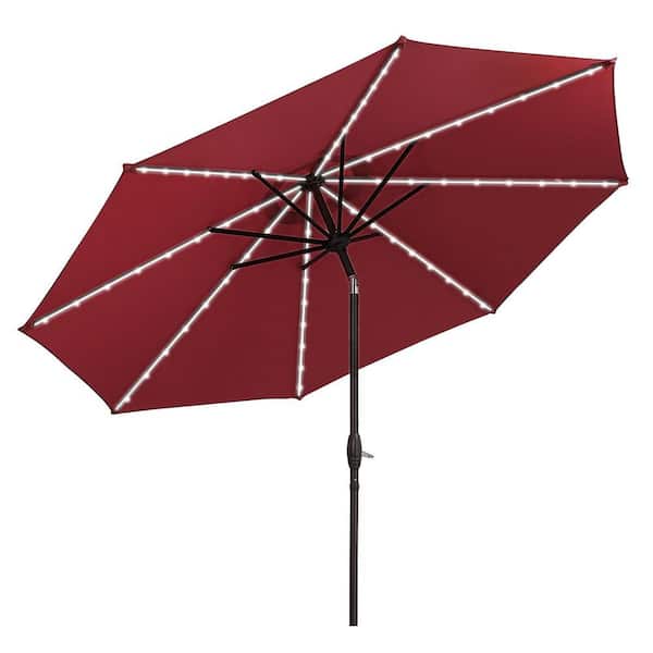 10 ft. Solar Patio Umbrellas in Red with LED lights for Market Outdoor Pool, Steel Tilt Crank