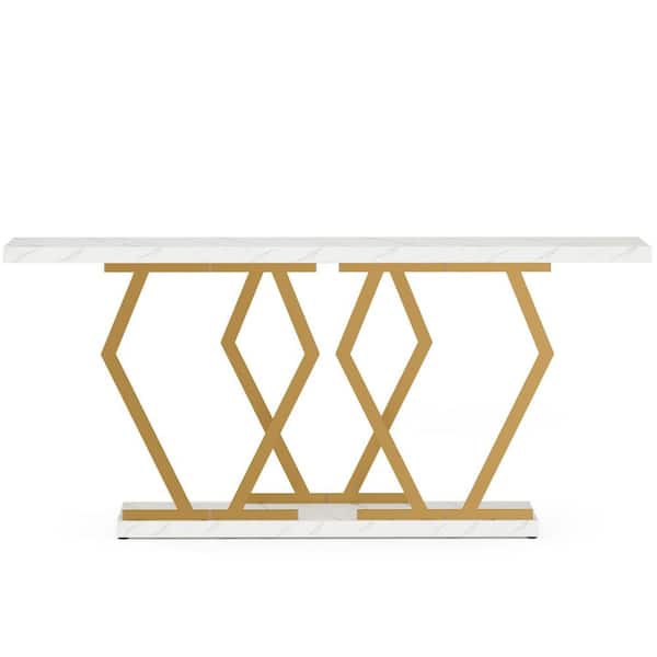 Turrella 70.9 in. White and Gold Elegant Entryway Table, Rectangle Faux Marble Top Console Table with Geometric Frame