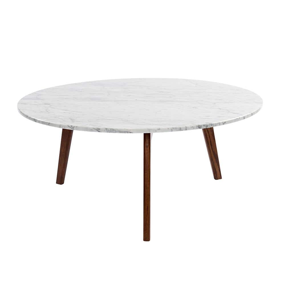 Stella 32" Round White Marble and Walnut Wood Coffee Table