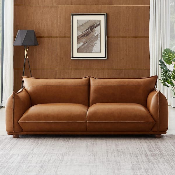 Ashcroft Furniture Co Maybelle 90 in. Round Arm Leather Rectangle Modern Luxury Tight Back Sofa in Cognac Brown