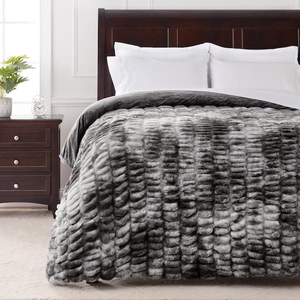 CHANASYA Rushed Dark Gray Faux Fur Reversible Minky Throw Blanket, 92 x 85 In. - Queen