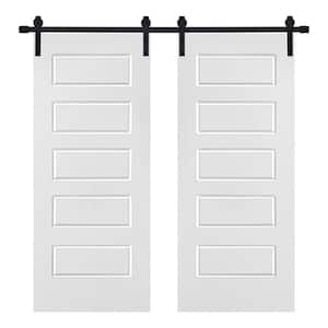 56 in. x 80 in. Modern 5-Panel Designed MDF Panel White Painted Double Sliding Barn Door with Hardware Kit