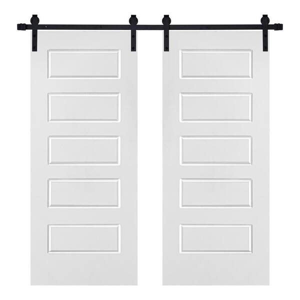 AIOPOP HOME 72 in. x 80 in. Modern 5-Panel Designed MDF Panel White Painted Double Sliding Barn Door with Hardware Kit