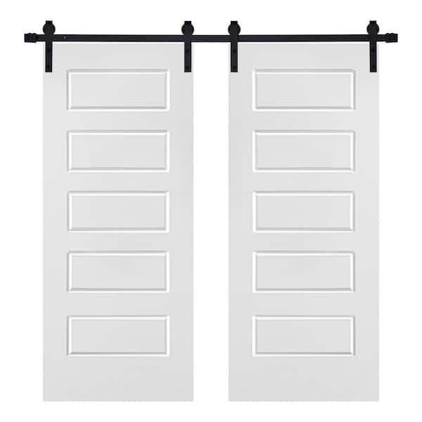 AIOPOP HOME Modern 5-Panel Designed 72 in. x 96 in. MDF Panel White Painted Double Sliding Barn Door with Hardware Kit
