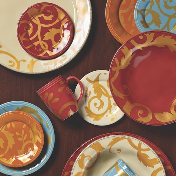 Dinnerware Gold Scroll 10 in. Round Serving Bowl in Cranberry Red