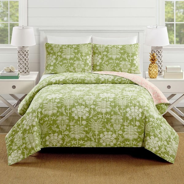 Queenie Palm Royale 3-Piece Green Tropical Cotton King Quilt Set