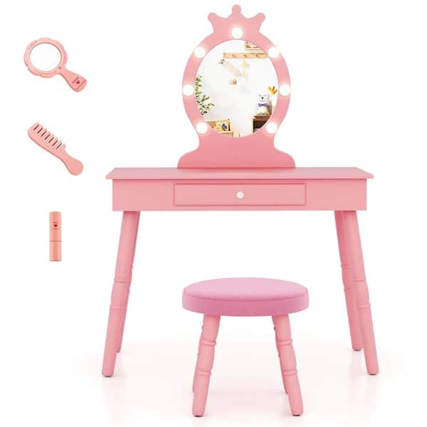 Costway 2-Piece Wood Top Pink Kids Vanity Set Princess Vanity Table and Chair Set with Lighted Mirror