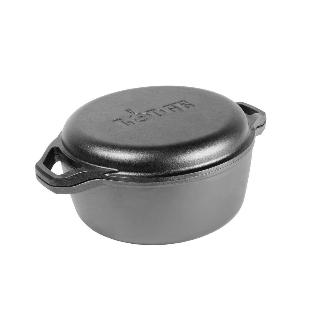 Black Cast Iron Non-stick Double Dutch Oven with Grill Pan Lid