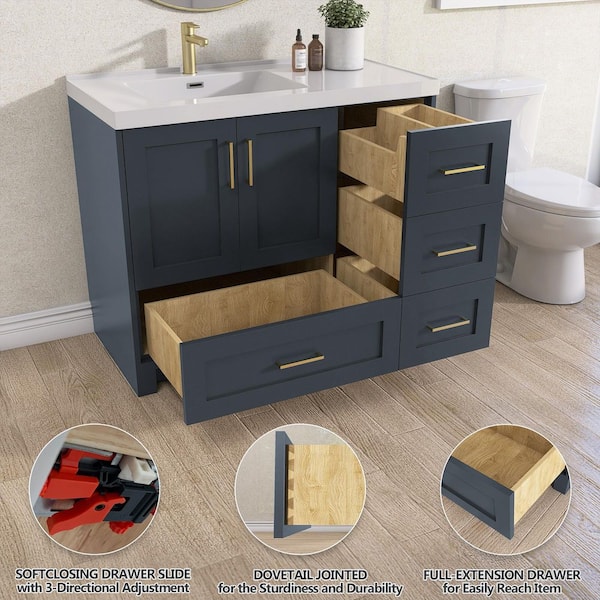 42 in. Solid Wood Freestanding Single Left Sink Bath Vanity Cabinet in Navy Blue with White Solid Surface Top and Basin