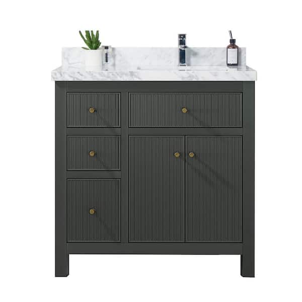 Willow Collections Sonoma 36 in. W x 22 in. D x 36 in. H Right Offset Sink Bath Vanity in Dark Green with 2 in Carrara Marble Top
