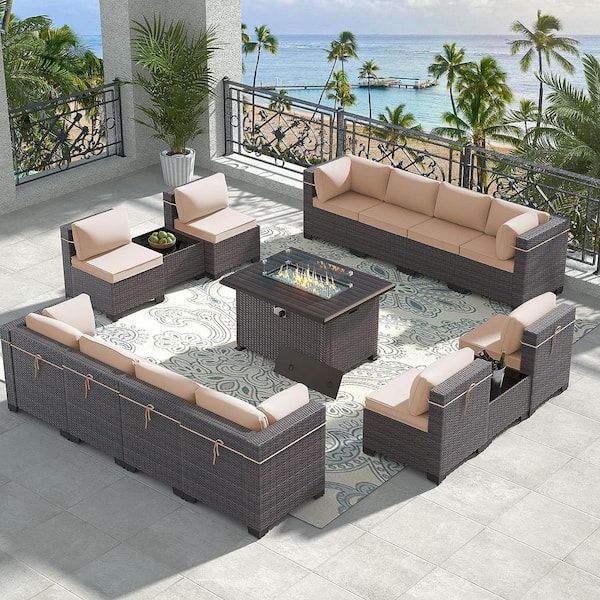 Halmuz 15-Piece Wicker Patio Conversation Set with 55000 BTU Gas Fire Pit Table and Glass Coffee Table and Cushions Sand
