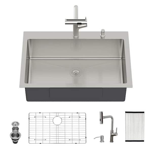 30 in. Drop-In/Topmount Single Bowl 16 Gauge Brushed Nickel Stainless Steel Kitchen Sink with Faucet and Bottom Grids
