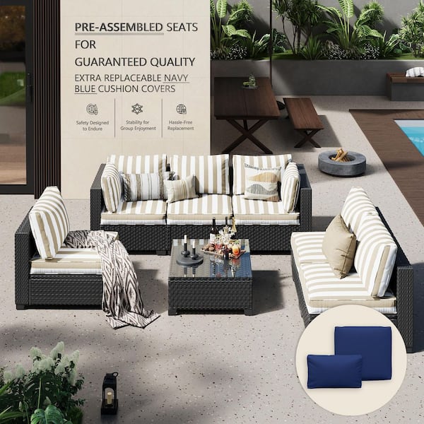 7-Piece Wicker Rattan Outdoor Patio Conversation Seating Set w/ Coffee Tables, Brown Stripe and Blue Cushion (6-Seats)