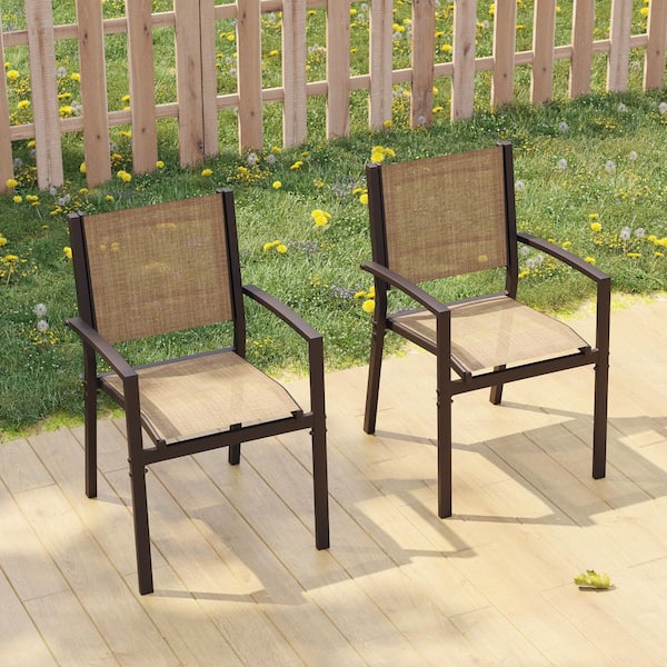 2-Pieces Brown Frame Powder-coated Steel Patio Outdoor Taupe Textilene Dining Chairs